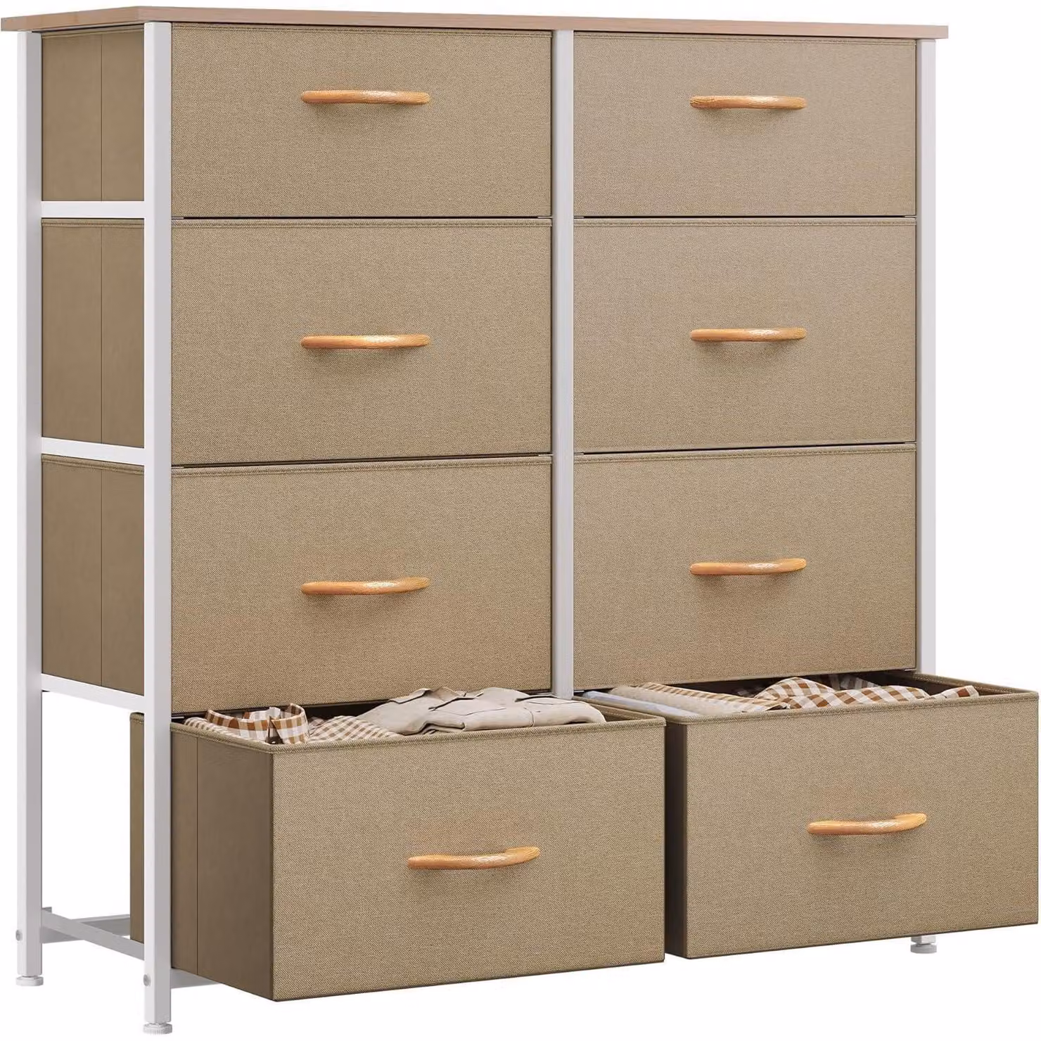 Comodino contenitore con 8 cassetti in tessuto, colore kaki, dimensioni 85,6 x 29,8 x 89 cm