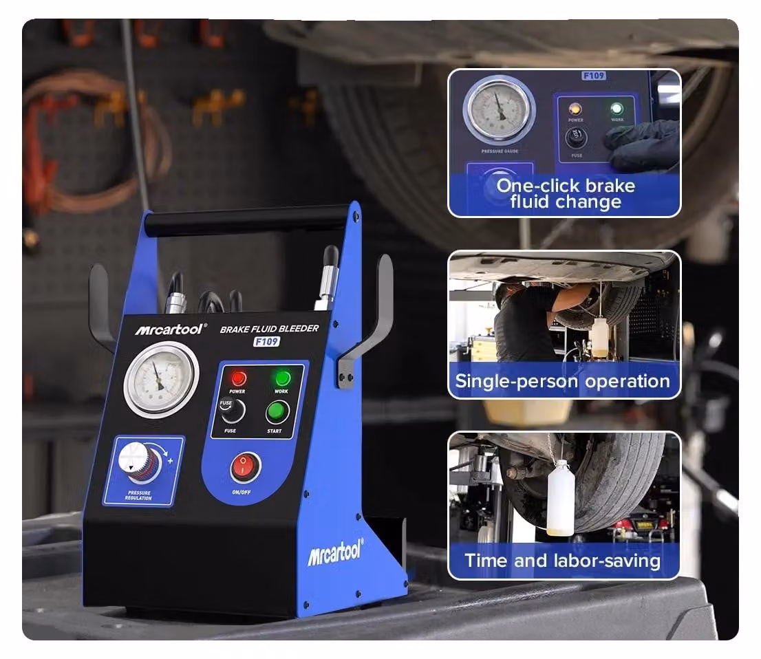 Apparecchio per il cambio dell'olio dei freni, capacità 1,2 litri, alimentazione 220V/110V, intervallo di pressione 0,7-2,5 bar, compatibile con diversi modelli di veicoli