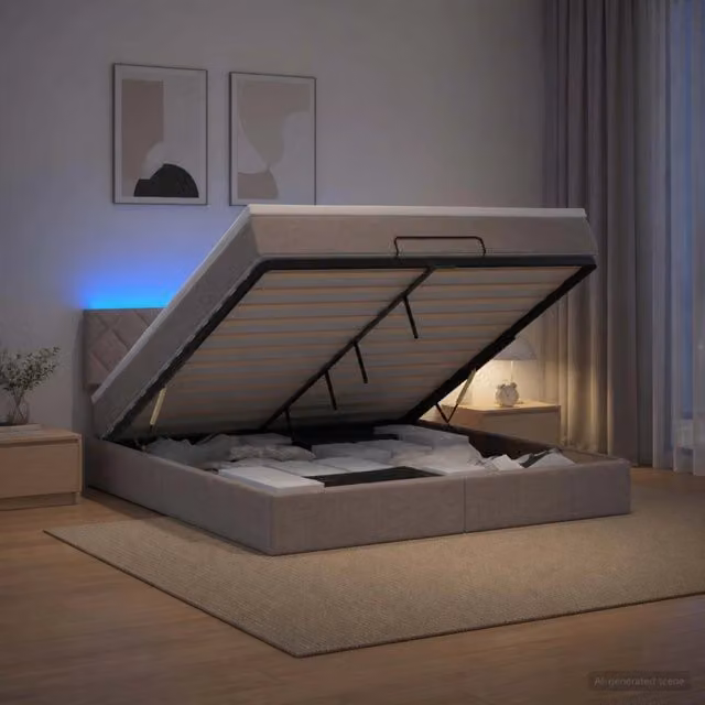 Letto Ottomano con Materasso Ibrido vidaXL in Tessuto con Illuminazione LED e Porte USB, Beige e Grigio, L/P/H: 193 x 140 x 88 cm