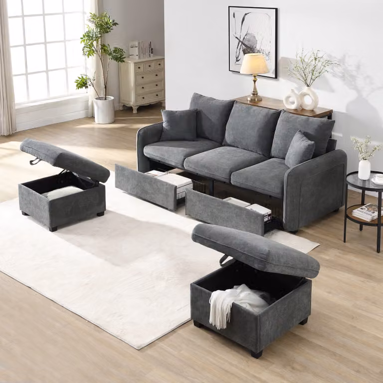 Merax Divano angolare a U con funzione letto e contenitore, set di divani a tre posti con 2 poggiapiedi - tessuto ciniglia, struttura in metallo, componibile, Grua