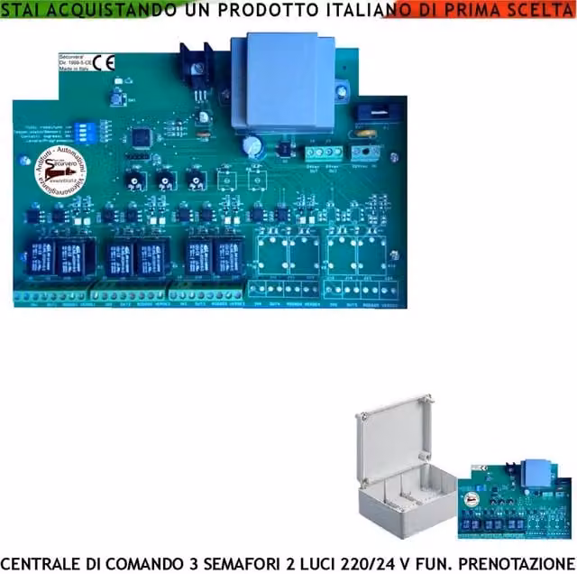 Quadro di Comando Semaforico Securvera con 3 Semafori a 2 Luci Rosse e Verdi, Funzioni Prenotazione Arrivo e Tempi Regolabili da 5 a 180 secondi