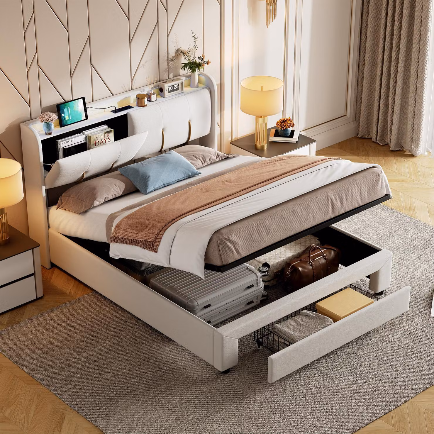 letto contenitore 140x200 cm con illuminazione a LED, rete a doghe, connessione USB tipo C e rivestimento in velluto bianco