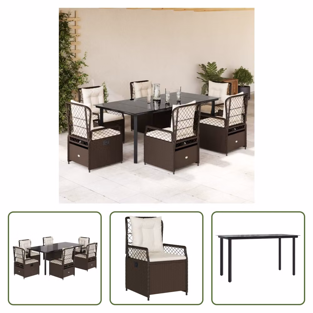 The Living Store Set da pranzo da giardino 7 pezzi con cuscini in polirattan marrone
