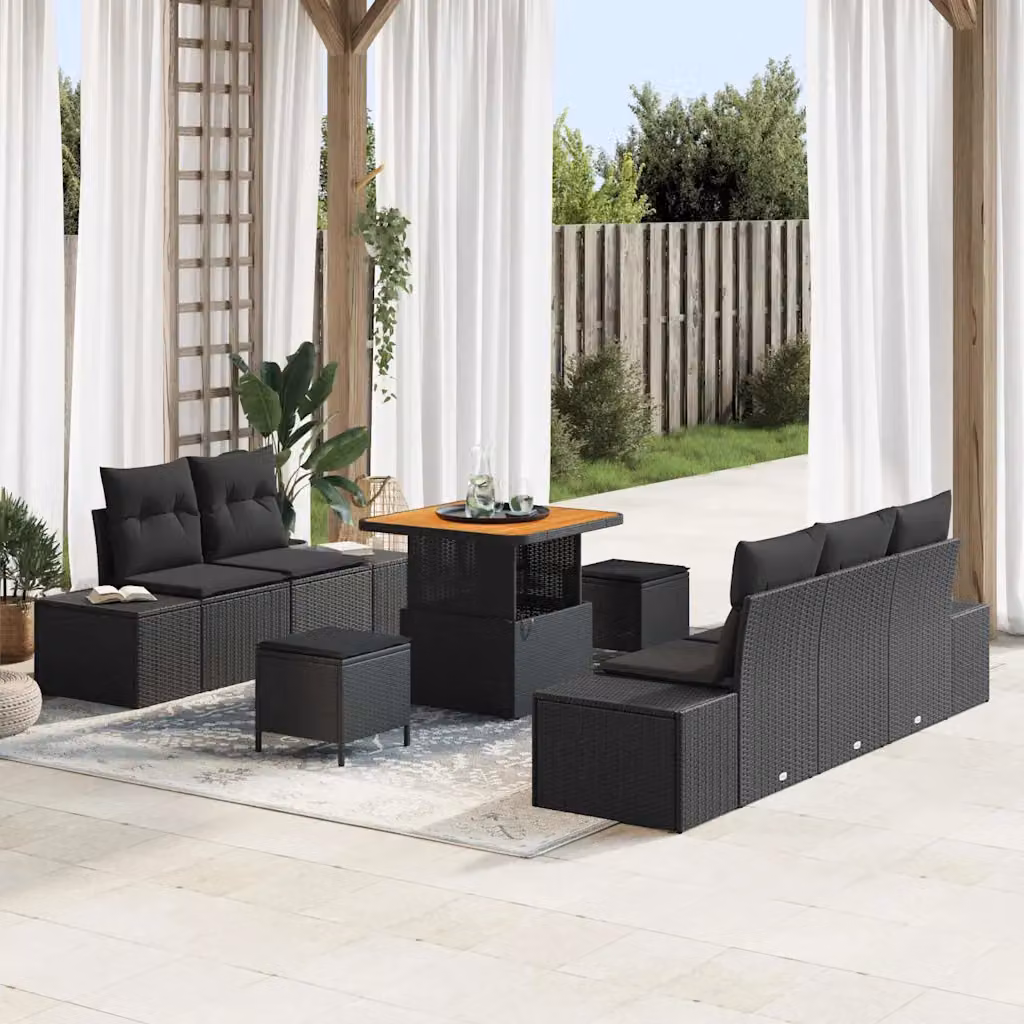 Set Divano da Giardino vidaXL 8 Pezzi Nero con Cuscini e Tavolino da Esterno in Rattan e Acciaio – 1