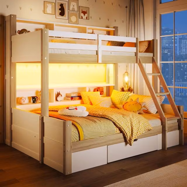 Letto a castello in legno massello con scala e cassetto, 90x200+140x200 cm, bianco/naturale