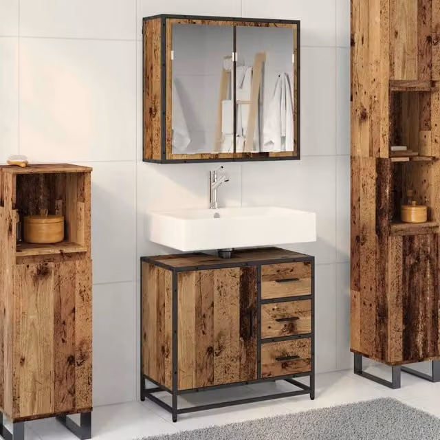 Set di mobili per il bagno moderno vidaXL composto da mobile lavabo e armadietto con specchio in legno e metallo marrone L/P/H: 65 x 33 x 60 cm – 1