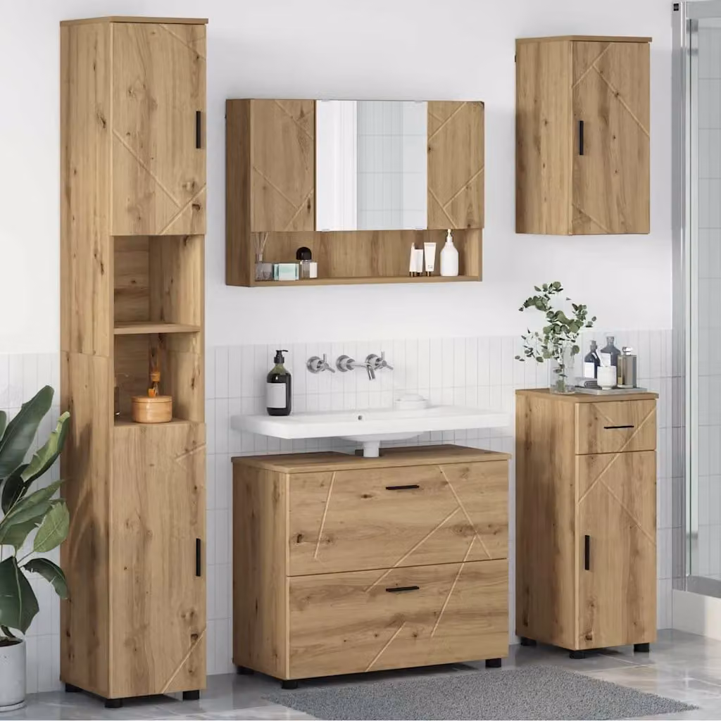 Set di mobili per il bagno moderno vidaXL composto da 5 pezzi in marrone e nero con mobile lavabo, pensile con specchio, mobile laterale e colonna alta
