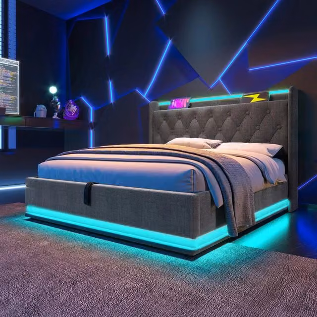 Letto Contenitore Matrimoniale Imbottito LED ¨C MINIMAL ¨C Grigio, Idraulico, 180x200, USB