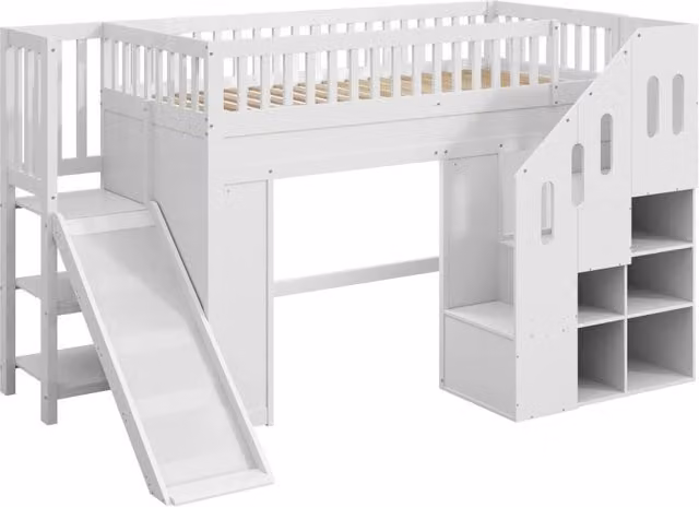 Letto a castello per bambini 90x200 cm in legno massello bianco con scivolo, protezione anticaduta, scala con contenitori e striscia LED