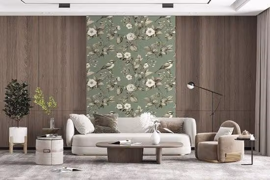 Cornice - Decorazione floreale con uccelli - Verde - Larghezza 225 cm x Altezza 350 cm