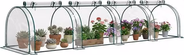 Serra a tunnel Outsunny in acciaio con 4 porte a cerniera, copertura in PVC impermeabile e anti UV, Verde scuro, L: 395 cm, P: 100 cm, H: 80 cm