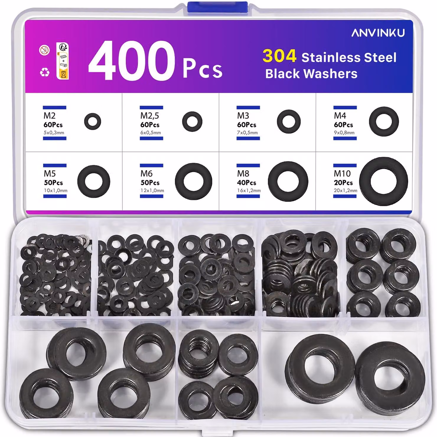 400 rondelle, nere, in acciaio inossidabile, assortimento, 8 misure