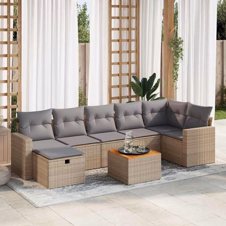 Set Divano da Giardino vidaXL 8 pz in Polyrattan con Cuscini Beige e Tavolino da Esterno a Forma di L