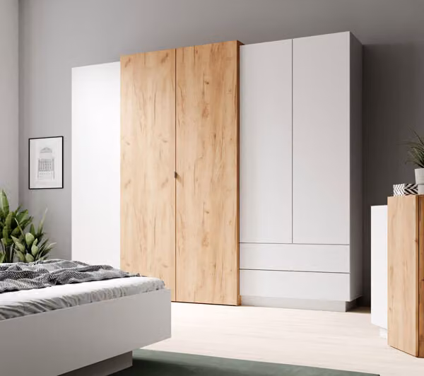 Armadio Triest ad ante battenti 230x51x201cm bianco oro rovere artigianale 5 ante