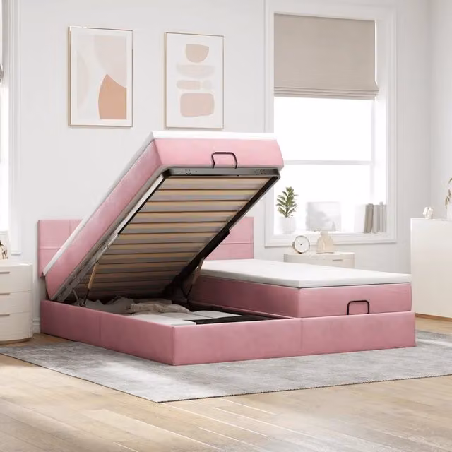 Letto con contenitore a sollevamento vidaXL in velluto rosa e bianco L: 200 cm, P: 200 cm, H: 203 cm