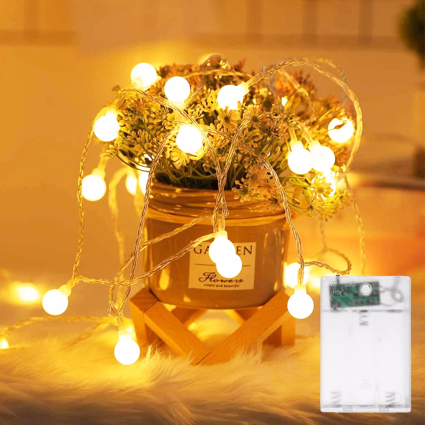 Catena luminosa a LED, lunghezza 3 metri, 20 LED bianco caldo, con timer, alimentazione a batteria