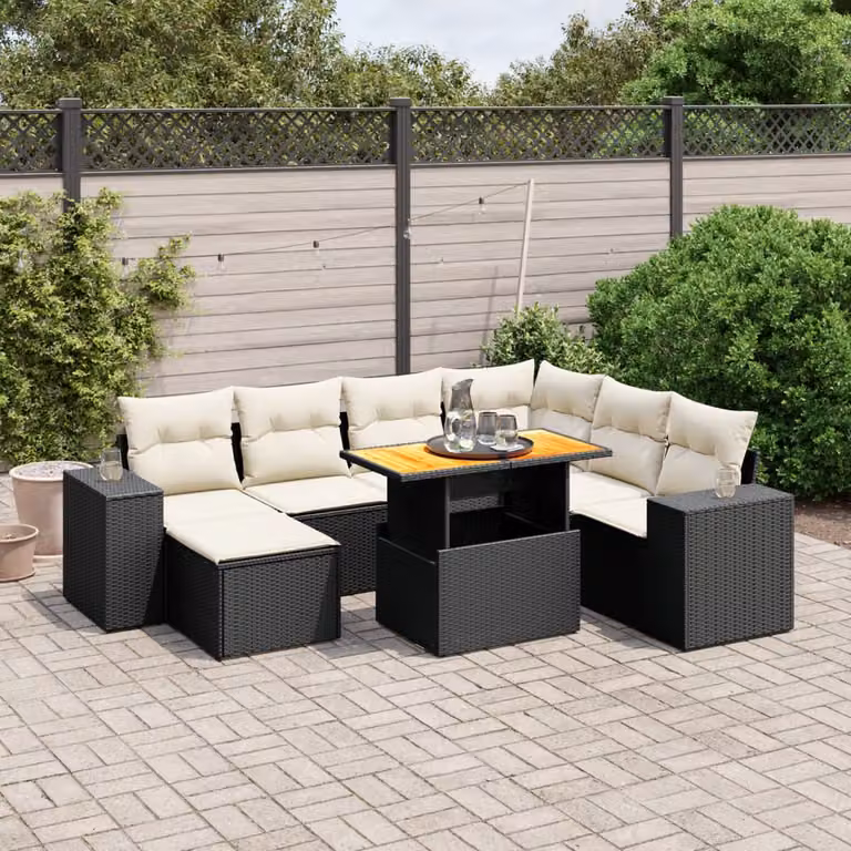 Set di Divani da Giardino vidaXL 8 Pezzi con Cuscini e Tavolino, Design Moderno in Polyrattan Nero con Struttura in Acciaio e Legno di Acacia