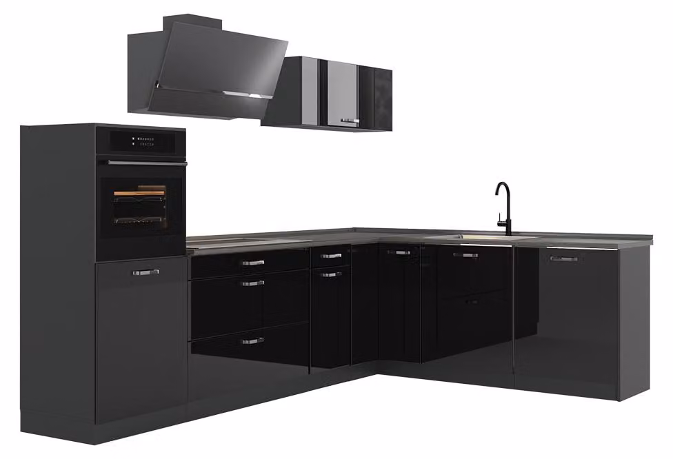 Cucina angolare completa Vicco R-Line Nero lucido/Antracite 287 x cm piano di lavoro Marmo, Model 66759