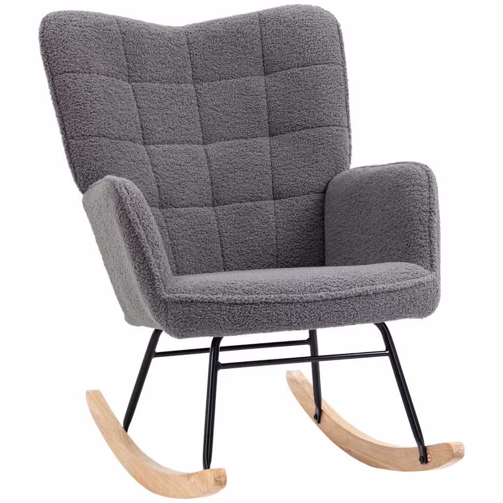 Poltrona a dondolo OKWISH imbottita con schienale alto, braccioli e rivestimento in poliestere effetto bouclé grigio e base in legno di faggio – 2