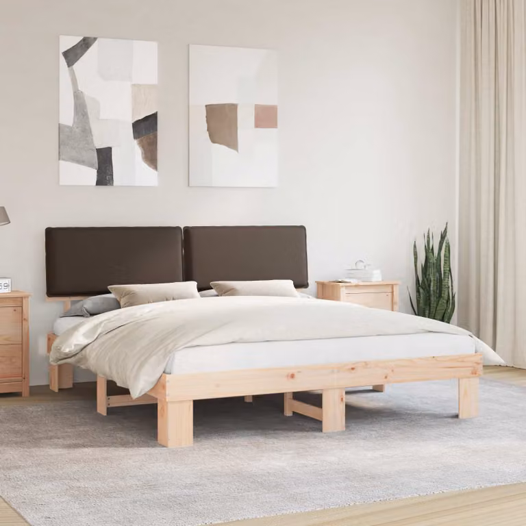 Letto con testiera rivestita vidaXL in pino massello, colore beige o grigio, 200 x 200 cm