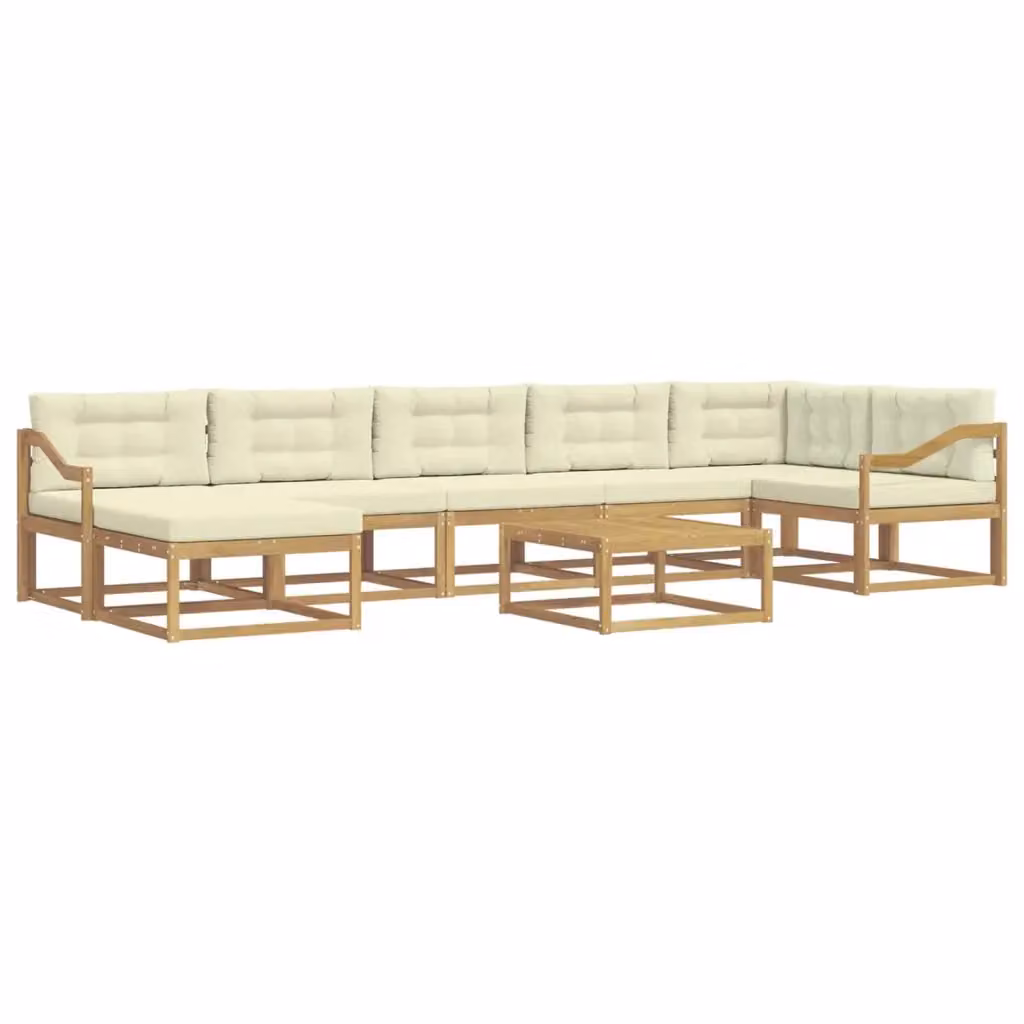 Set di divani da esterno a L vidaXL in legno di acacia con cuscini e pouf, Bianco e Beige – 2