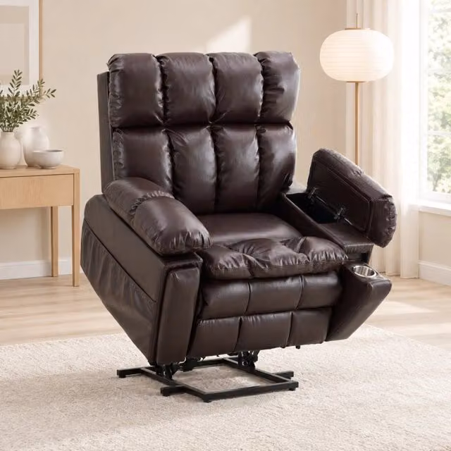 Poltrona relax elettrica reclinabile con doppio motore, con funzione alzapersone e massaggio, tessuto marrone, con portabicchieri integrato