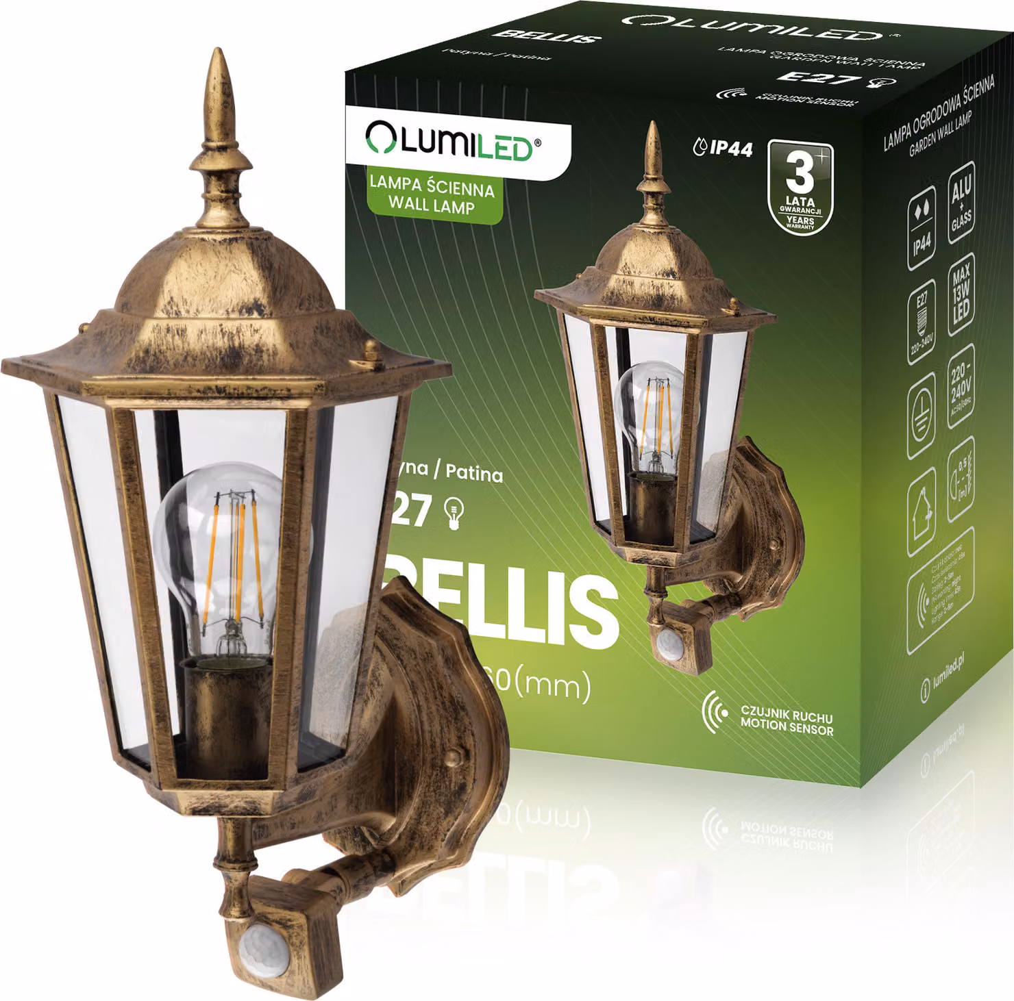 LUMILED applique da esterno con rilevatore di movimento vintage 230V presa E27 lampada da parete lampada da esterno applique in alluminio vetro patinato IP44 resistente agli spruzzi d'acqua