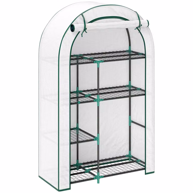 Serra in plastica Zimilo resistente all'inverno, 100x45x160 cm, con tetto arrotondato, 7 ripiani, porta e telaio in acciaio, serra per pomodori, per balcone e giardino, bianca