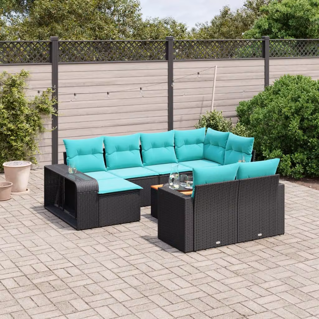 Set di divani da giardino vidaXL 11 pz in polyrattan con cuscini e tavolino da esterno a forma di U, colore nero e blu turchese