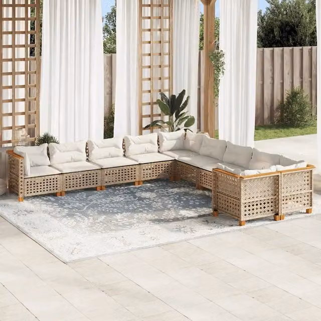 Set Divano da Giardino 10 Pezzi vidaXL in Polyrattan con Cuscini Beige e Struttura in Legno di Acacia