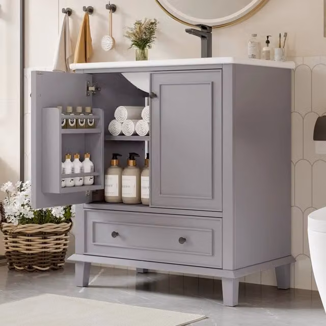 Mobile bagno freestanding WISHDOR moderno in MDF e legno con ante e cassetti, grigio, L: 76 cm, P: 46 cm, H: 87 cm