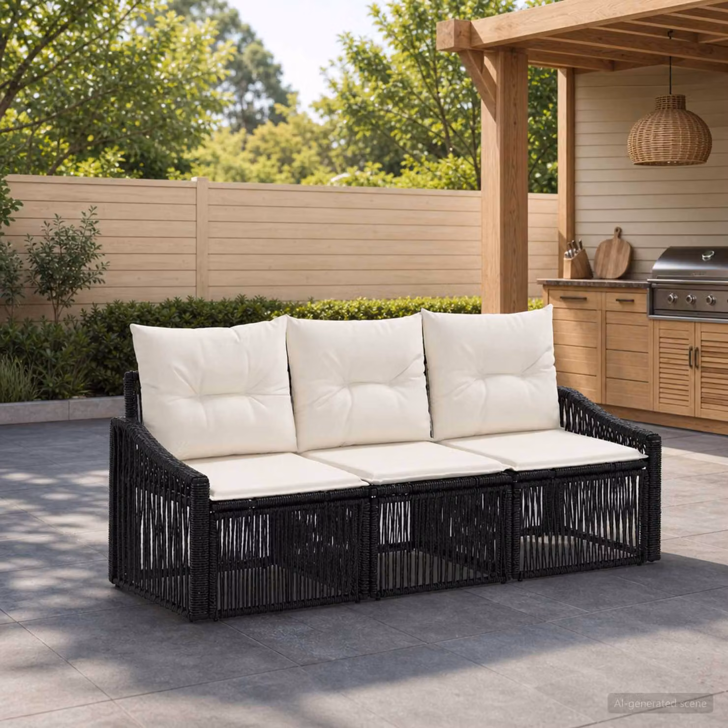 Set Divano da Giardino vidaXL 3 pz Nero con Cuscini Imbottiti e Struttura in Metallo