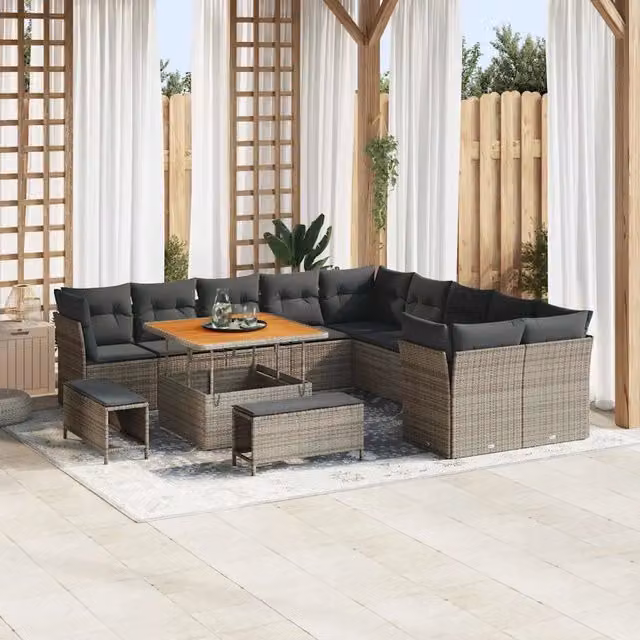 Set Divano da Giardino vidaXL a Forma a U in Polyrattan Grigio con Cuscini e Tavolino da Esterno 13 Pezzi – 1