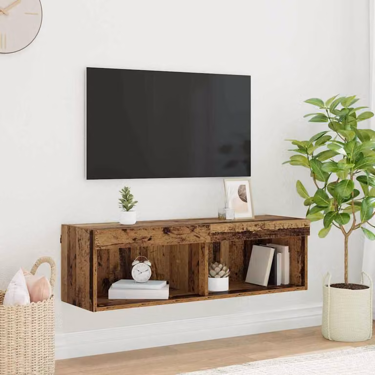 Set mobile TV moderno vidaXL in legno color marrone con illuminazione integrata e scomparti multimediali