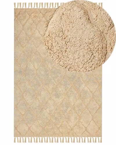 Tappeto beige in cotone trapuntato motivo geometrico con nappe 160 x 230 cm