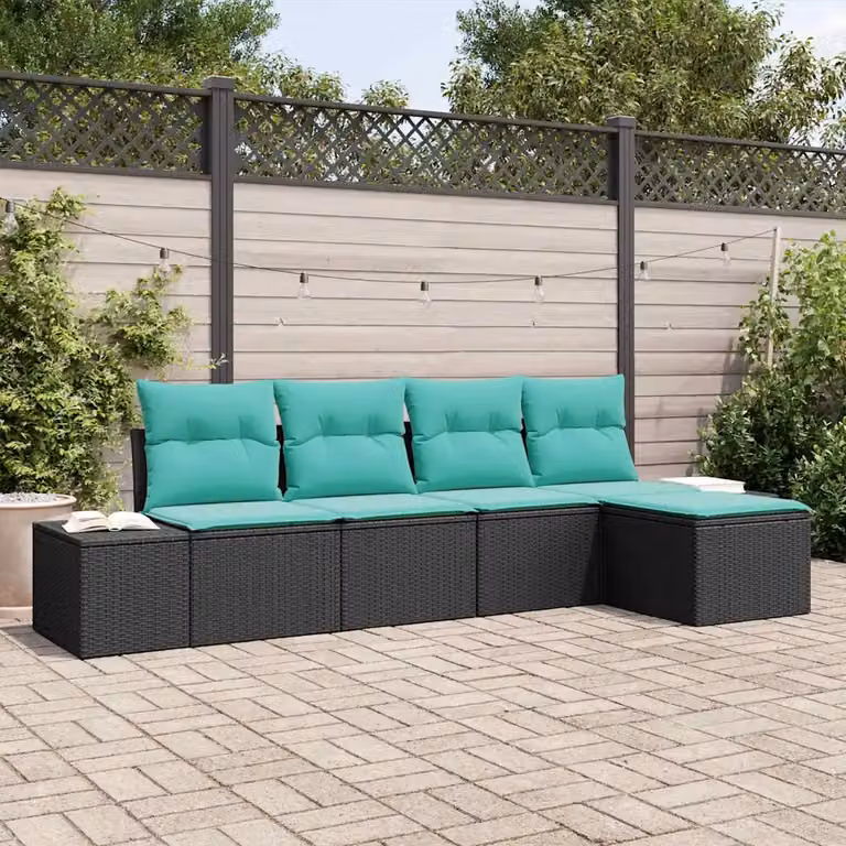 Set Divano da Giardino 5 pz vidaXL in Polyrattan con Cuscini Nero e Turchese