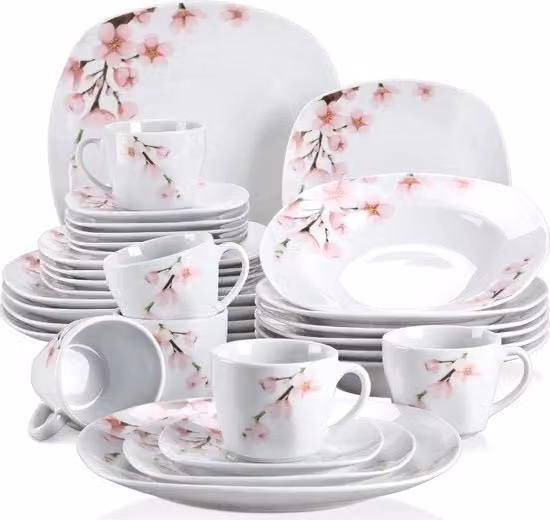 Set di servizio - 30 pezzi - 6 piatti grandi - 6 piatti piccoli - 6 piatti di zuppa - 6 tazze - 6 cucchiai - Bianco - Fiori