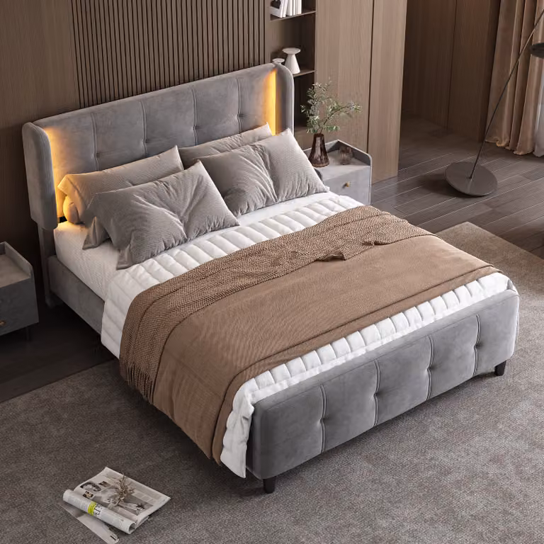 Letto imbottito STILVORA, 140x200 cm, matrimoniale, con strisce LED a 16 colori, design per giovani, testiera regolabile in tre altezze, colore grigio (senza materasso)