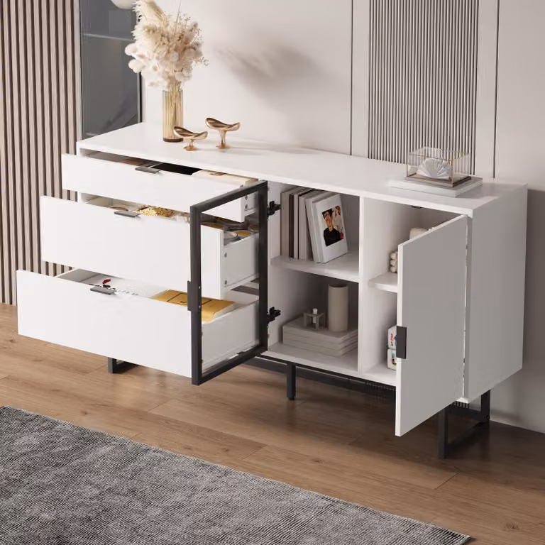 okwish: Armadio da cucina, vetrina con illuminazione a LED e ante in vetro, mobile contenitore, mobiletto per soggiorno con 3 cassetti, colore bianco
