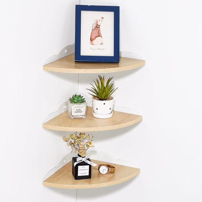 Set da 3 mensole angolari sospese, mensole da parete in legno, colore bianco, dimensioni 27,6 x 27,6 x 6,5 cm