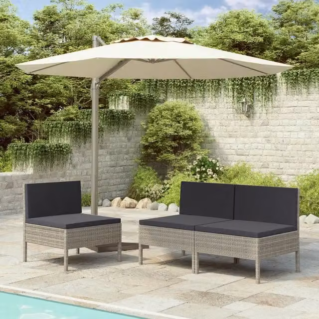 Set di 3 sedie da giardino vidaXL in polyrattan e metallo con cuscini, colore grigio antracite