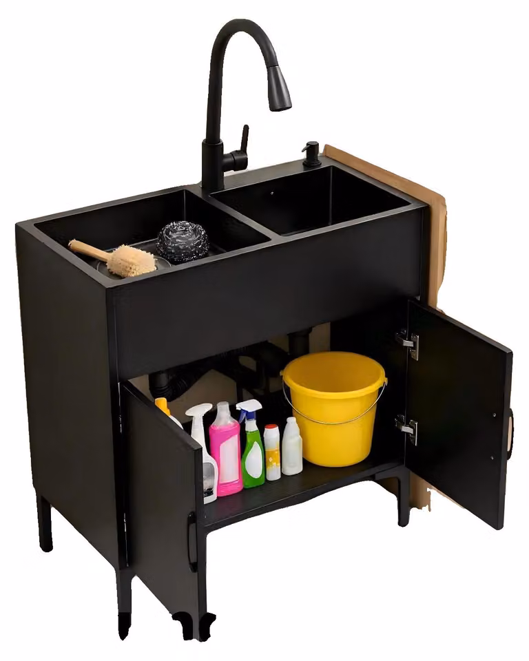 Mobile sottolavello da cucina, dimensioni totali 75 x 41 cm, vasca grande 36 x 36 x 20 cm, vasca piccola 31 x 31 x 20 cm, lunghezza estensibile del rubinetto 30 cm, diametro dell'apertura di scarico 11 cm