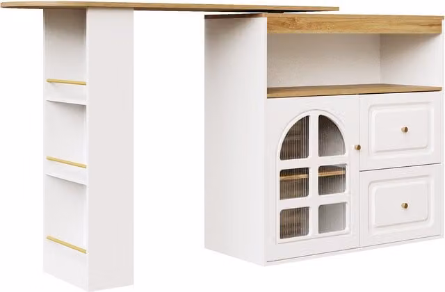 Credenza da cucina moderna Aosom con ripiano per snack girevole a 360°, 2 cassetti e vetro curvo, Bianco, L: 138-204 cm, P: 39 cm, H: 104 cm