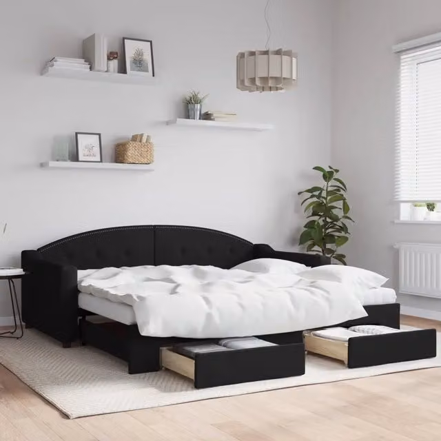 Divano Letto Estraibile vidaXL con Cassetto Nero in Tessuto per Soggiorno e Camera da Letto L/P: 90 x 190 cm