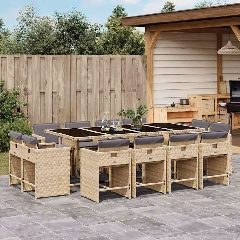 Set Pranzo da Giardino vidaXL in Polyrattan con Cuscini Beige e Piano in Vetro, 13 pz