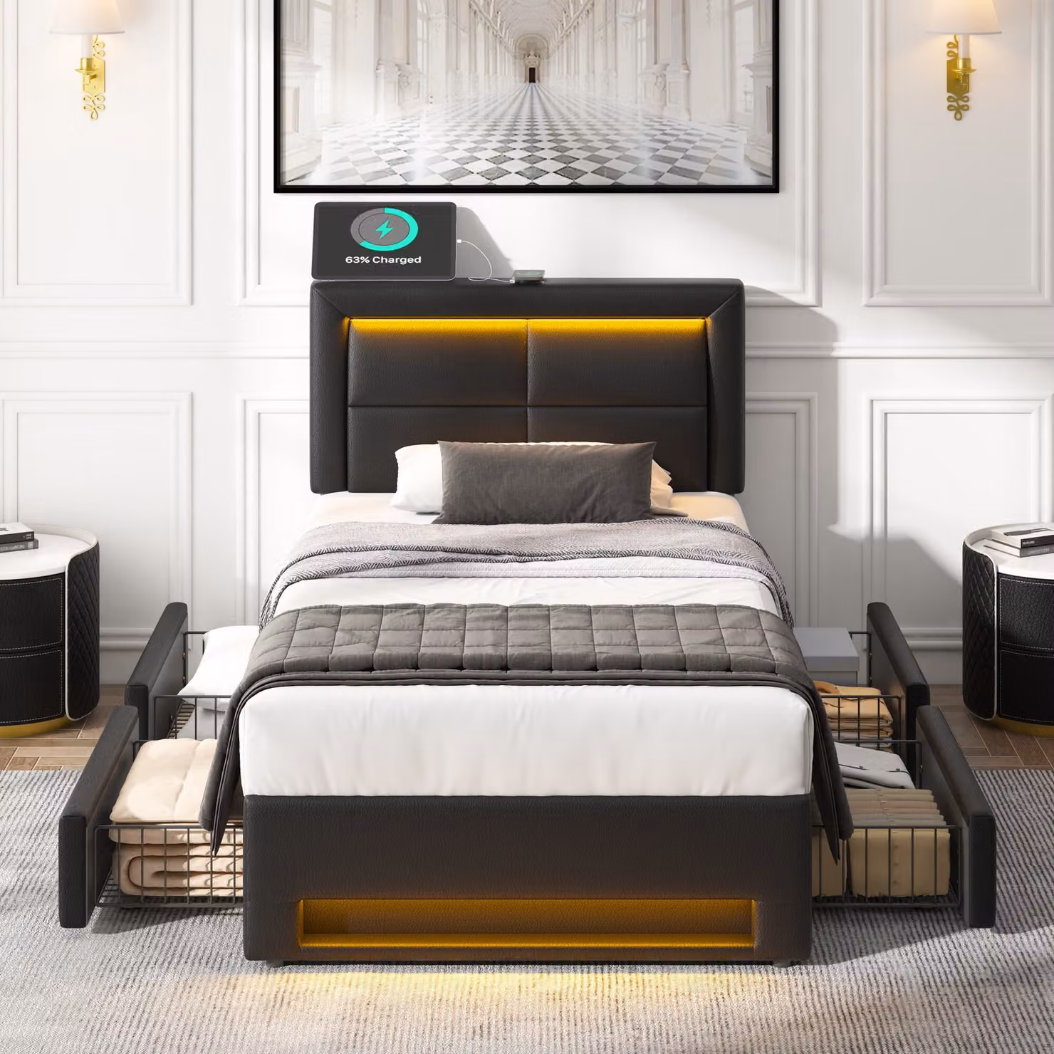 Letto imbottito Flieks 90x190cm con USB, letto contenitore letto singolo con rete a doghe e 4 cassetti, letto per ragazzi con LED, letto in legno letto funzionale, PU, nero