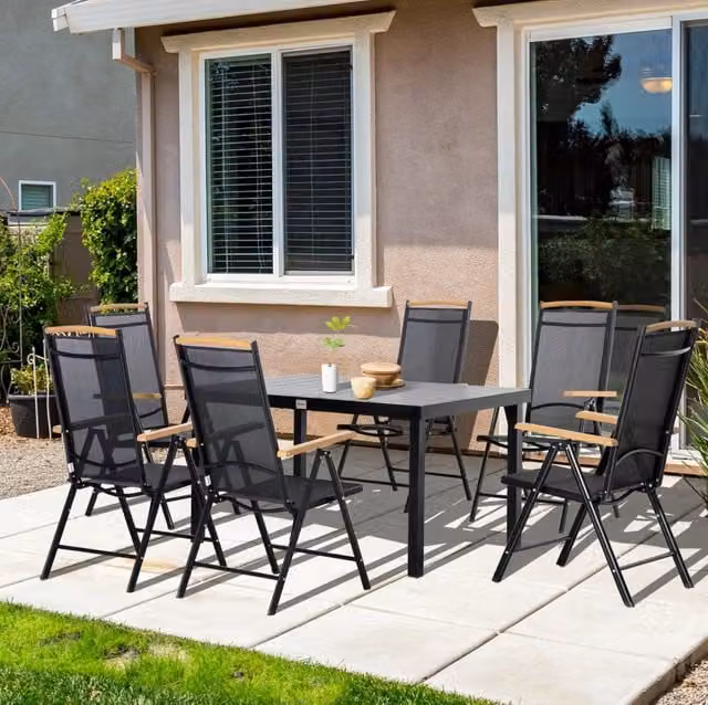 Set da giardino per 6 persone; tavolo con 6 sedie pieghevoli; alluminio; nero