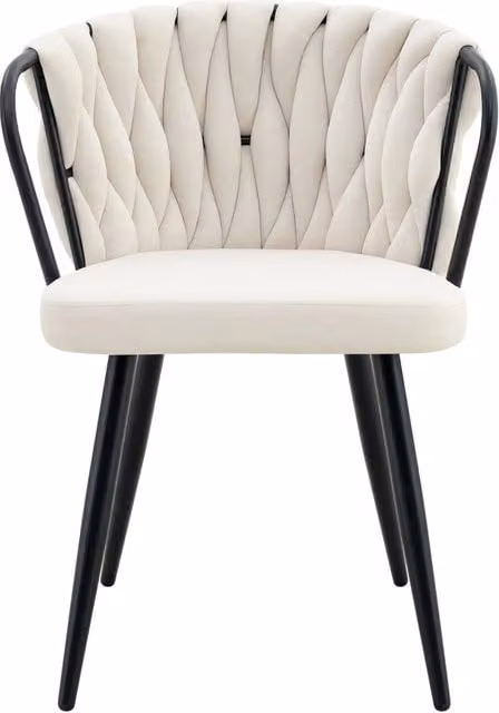 Sedia da pranzo ergonomica in velluto beige con schienale intrecciato e gambe in metallo nero opaco