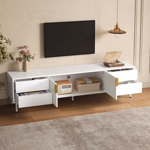 Mobile TV con 4 cassetti e doppie ante scanalate; passacavi; MDF e pannello truciolare bianco 180 × 40 × 49.5 cm