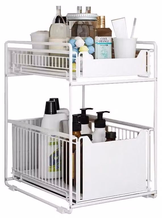Contenitore sottopensile - Cesto estraibile a 2 ripiani - Cesto portaoggetti in metallo - Organizzatore per armadi e piani di lavoro - Adatto per cucina e bagno - Bianco
